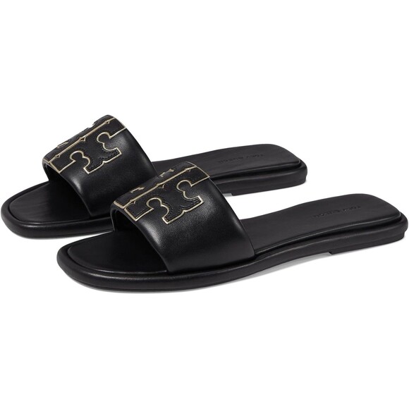 TORY BURCH WOMEN'S DOUBLE T SPORT SLIDE PATENT LEATHER BLACK GOLD SZ 8 NEW - Picture 4 of 6